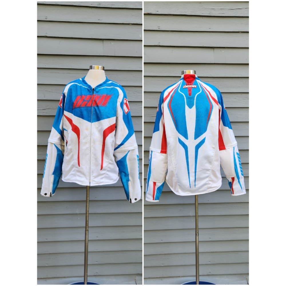 Icon Hooligan Street Jersey Jacket Blue White Red Padded Moto‎ Racing Mens XL